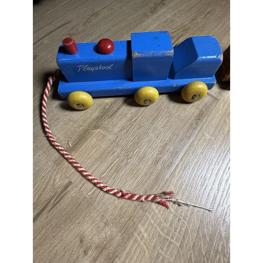 Vintage Playskool Wooden Pull‎ Train Toy Blue Yellow 1960s Classic With Cart